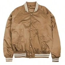 Men Solid Varsity Bomber Jacket Waterproof Fall Winter Summer Lightweight All Season Striped Trim Slant Pockets Baseball Jacket Snap Button - Taupe - View 2
