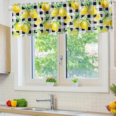 1pc Summertime Valance Watercolor Fresh Fruit Window Valance Rod Pocket Panel For Kitchen Bedroom Windows Yellow Lemon On Black Buffalo Check Plaid Valances Short Curtain Bathroom Drapes.Mother's Day.Independence Day.Bee Festival,Christmas Gift