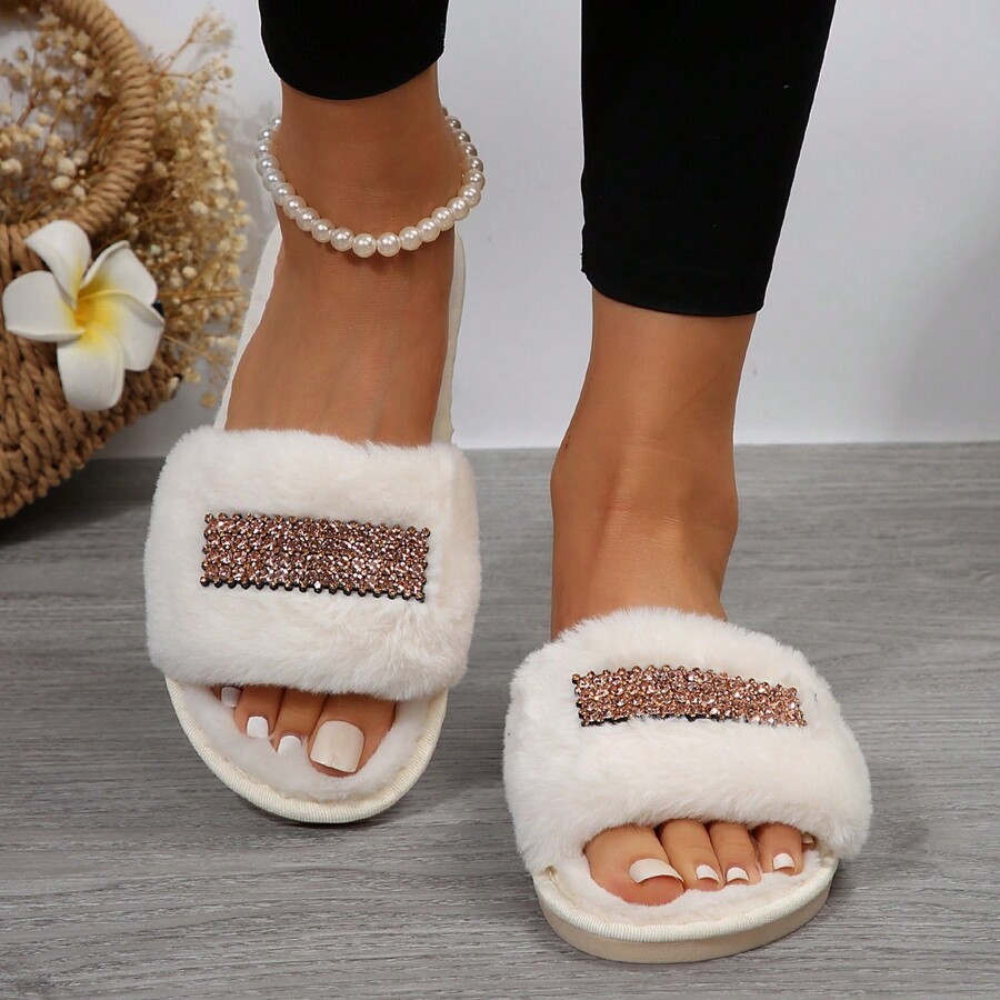 Furry Slippers For Women, New 2024 Rhinestone Ins Trendy SlipOn House