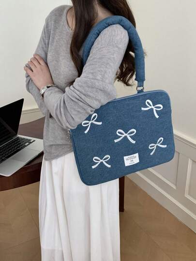 笔记本电脑包韩版时尚心形蝴蝶结刺绣单肩包防震平板电脑内胆包兼容MacBook 13-14英寸15-15.6英寸