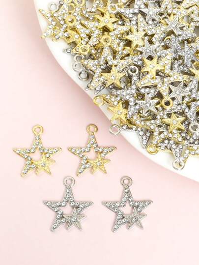 15 件闪亮水钻镶嵌空心双星设计饰品，适用于 DIY 时尚百搭珠宝，适合日常佩戴，设计感五角星形状合金吊坠 - 非常适合手工制作的颈链、项链、手链、耳环和其他创意工艺品