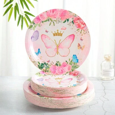 蝴蝶主题派对一次性餐具套装，7/9 英寸粉色蝴蝶派对盘子，蝴蝶派对一次性纸盘，主题派对装饰，派对宴会装饰