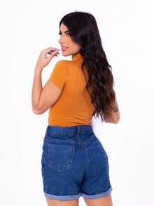 Traditional 100% Cotton Jeans Shorts - 深色水洗藍 - 查看 4