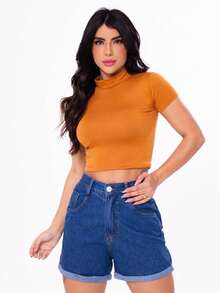 Traditional 100% Cotton Jeans Shorts - 深色水洗藍 - 查看 3