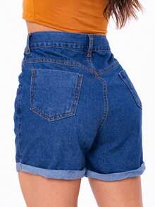 Traditional 100% Cotton Jeans Shorts - 深色水洗藍 - 查看 2