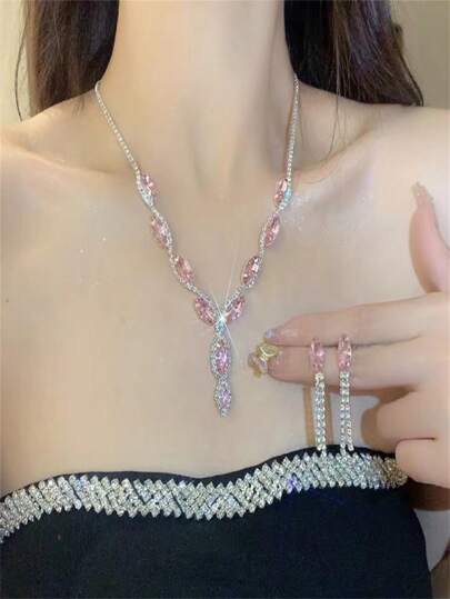 3pcs Elegant Pink Crystal Necklace & Earrings Jewelry Set, Suitable For Women, Ideal For Wedding, Birthday, Anniversary, Party, Etc. New Multi-Color Gemstone Crystal Earrings & Necklace Set, Includes Ruby And Sapphire, Perfect Gift For Back To School, Teacher's Day, Best Friends