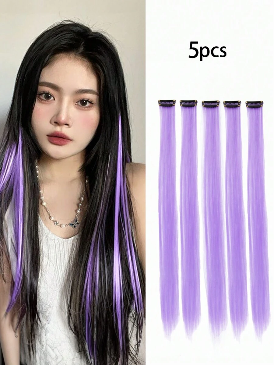 5pcs Colorful Straight Hair Extensions, Women Girls Highlight Hair Pieces - Purple - View 1