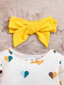 Nouvel ensemble de trois pièces bébé garçon et bébé fille pour le printemps et l'automne: serre-tête avec nœud, body avec motif cœur blanc et pantalon jaune mignon