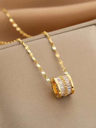 1 件不锈钢链配方晶锆石圆形吊坠项链，适合日常佩戴