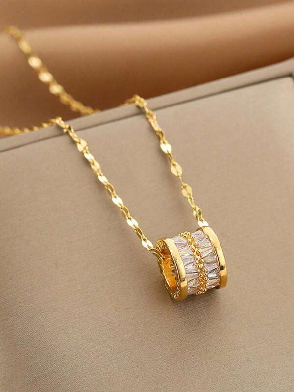 1 件不锈钢链配方晶锆石圆形吊坠项链，适合日常佩戴