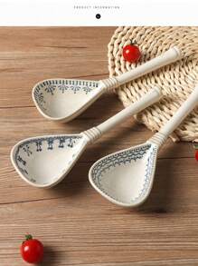 Cuchara japonesa de color azul y blanco de mango largo, cuchara pequeña de cerámica rústica, cuchara retro para beber sopa, cena, ramen, cuchara de sopa grande creativa, artículos escolares
