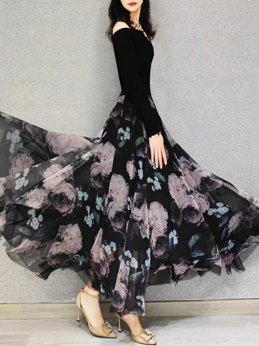 花卉印花网布覆层半身裙