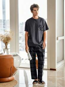 男士纯色短袖上衣和裤子睡衣套装，圆领休闲睡衣