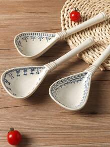 Cuchara japonesa de color azul y blanco de mango largo, cuchara pequeña de cerámica rústica, cuchara retro para beber sopa, cena, ramen, cuchara de sopa grande creativa, artículos escolares