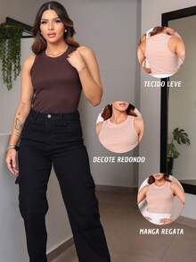 Kit With 3 Basic Ribbed Tank Tops Minimalist Chic Gym Feminine Premium Fabric Soft To Wear With Friends - 棕色 - 查看 8