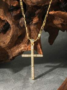 1 件简约金色铜镶嵌锆石吊坠项链，时尚欧美嘻哈风格高端铜锆石元素男士吊坠，适合日常佩戴 - 金黃色 - 查看 3