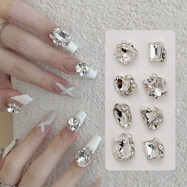 10pcs/30pcs/50pcs Pre-Made Mix Shape Nail Art Gems With Crystal & Pearl Decor, For Diy Nail Art Decoration Nail Charms Nail Supplies