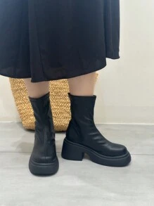 Botas de Moda de Cor Sólida Femininas, Botas de Salto Grossa Plataforma, Botas Versáteis de Bico Redondo para Primavera, Outono e Inverno