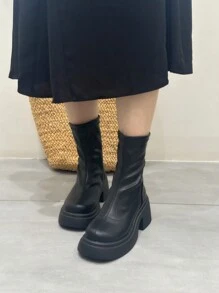 Botas de Moda de Cor Sólida Femininas, Botas de Salto Grossa Plataforma, Botas Versáteis de Bico Redondo para Primavera, Outono e Inverno