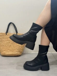 Botas de Moda de Cor Sólida Femininas, Botas de Salto Grossa Plataforma, Botas Versáteis de Bico Redondo para Primavera, Outono e Inverno