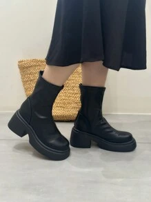 Botas de Moda de Cor Sólida Femininas, Botas de Salto Grossa Plataforma, Botas Versáteis de Bico Redondo para Primavera, Outono e Inverno
