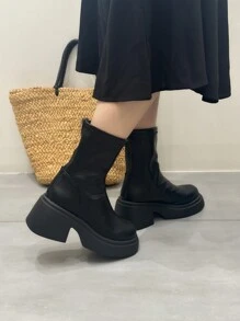 Botas de Moda de Cor Sólida Femininas, Botas de Salto Grossa Plataforma, Botas Versáteis de Bico Redondo para Primavera, Outono e Inverno