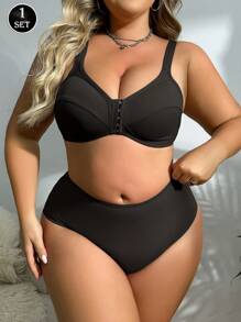 Plus SIze Women 5 Hooks Front Closure Lingerie Set Wire Free Bra And Plain Panties - Black - View 1