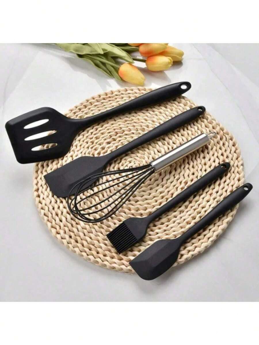 Kit 5 Pieces Kitchen Utensils Silicone Spoon Spatula Fue Spatula Small Brush - Black - View 1