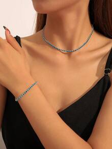 2pcs/Set Colorful Rhinestone Choker Necklace And Bracelet Set, Fashion Jewelry Accessories - Royal Blue - View 3
