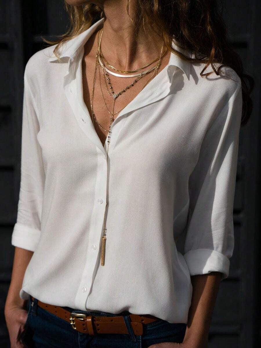 Blusa Casual De Moda Para Mujer Sólido Camisa - Blanco - Ver 1