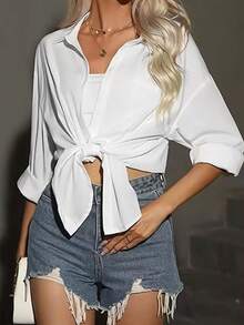 Blusa Casual De Moda Para Mujer Sólido Camisa - Blanco - Ver 5