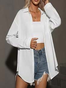 Blusa Casual De Moda Para Mujer Sólido Camisa - Blanco - Ver 4