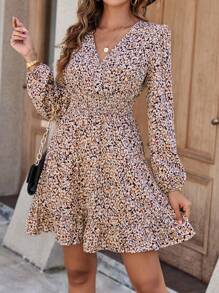 Summer Romantic Geometric Pattern Holiday Style Shirred Waist Pleated Long Sleeves Elastic Cuffs A-Line Dress - Apricot - View 1