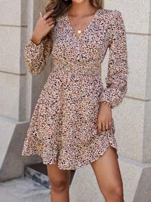 Summer Romantic Geometric Pattern Holiday Style Shirred Waist Pleated Long Sleeves Elastic Cuffs A-Line Dress - Apricot - View 4