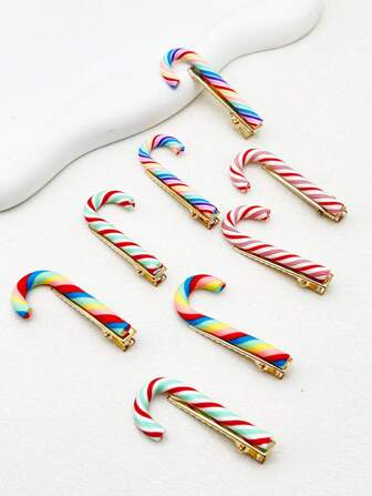 2pcs Women's Colorful Candy Cane Christmas Hair Clips, Boho Casual Cute Party Decoration, Made Of ABS Resin, Christmas Accessories, Hair Accessories