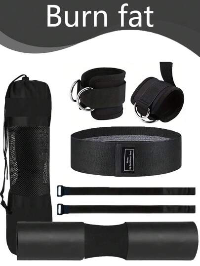1 kit de almohadilla para barra que consta de 2 correas para tobillos, 1 banda de tensión de resistencia, 1 almohadilla para hombros, 1 bolsa de almacenamiento para almohadilla de hombros y 2 ataduras para sentadillas hip thrust, ejercicio, entrenamiento con pesas