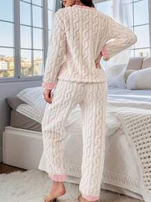 2 pezzi Pigiama in pile invernale da donna, completo casual da casa con motivo a stelle carino - Multicolore - Visualizzare 2