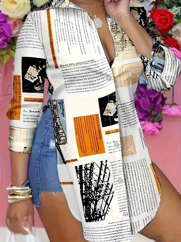 Plus Size Women's Newspaper Print Turndown Collar Split Hem Casual Loose Blouse