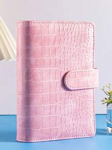 1pc German A6 Ring Binder Notebook With Crocodile Pattern, Macaron PU Leather Loose Leaf Cash Budget Filing Folder - Pink - View 3