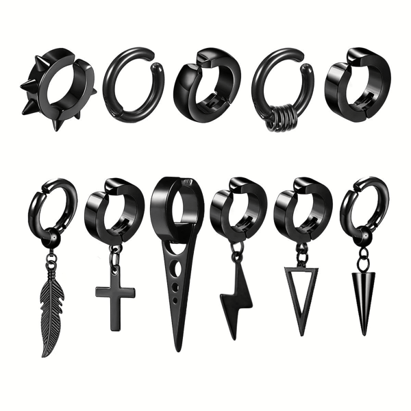 SENLANSP 11pcs/Set Punk Rock Stud Clip-On Earrings, Rivet Earrings, Feather Pendant Clips, Stainless Steel Non-Piercing Earclips For Men