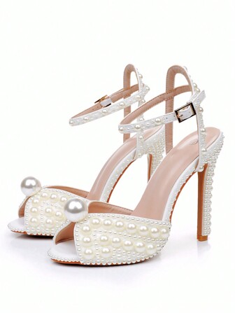11cm White Wedding Faux Pearl Sandals, Beige Faux Pearl Spring Summer Fashion Hollow Studded Peep Toe High Heel Strappy Sandals, Handmade High Heel Faux Pearl Wedding Bridal Shoes, Faux Pearl Shoes, Buckle Faux Pearl Wedding Shoes, Anniversary, Valentine's Day, Graduation Ceremony, Stage High Heel Sandals, Super High Heel Sandals For Women, Summer Party Evening Faux Pearl High Heels Valentines