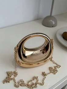 1pc Fashion Acrylic Mini Silver/Gold Handbag, Metallic Shiny Moon Shaped Clutch Purse With Metal Chain For Cosmetics And Jewelry, Stylish Gift For Women