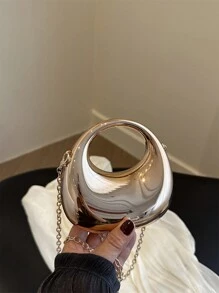 1pc Fashion Acrylic Mini Silver/Gold Handbag, Metallic Shiny Moon Shaped Clutch Purse With Metal Chain For Cosmetics And Jewelry, Stylish Gift For Women