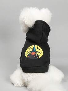 1pc Pet Clothes, Dog Cat Apparel New Hoodies, Halloween Series Wizard Skeleton Pumpkin Witch - Pumpkin Castle Black Hoodie - Back Design