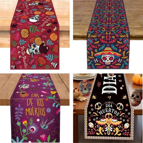 Camino de mesa de Halloween | Diseño multicolor de calavera | Colorido | Lavable para interiores y exteriores | Perfecto para decoraciones navideñas, fiestas festivas | Mantel de mesa de cocina/fiesta, Navidad