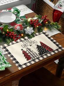 Manteles individuales navideños, set de 1/4 manteles individuales de lino a cuadros blancos y negros con diseño de árbol de Navidad y diseño invernal, de 12x18 pulgadas, manteles de mesa navideños y festivos para fiestas, cocina y comedor, decoración navideña y del hogar, regalos de Año Nuevo 2024 y 2025 - árbol de cuadrícula en blanco y negro - Ver 1