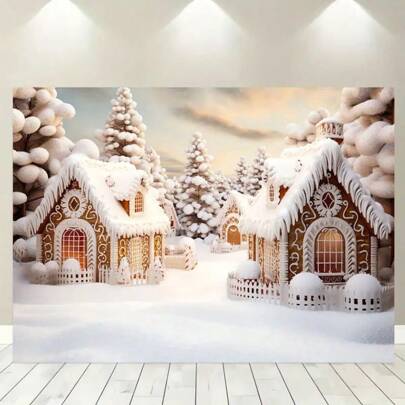 خلفية بانر من البوليستر للكريسماس، مشهد بيت زنجبيل مكسو بالثلج، خلفية تصوير متعددة الأغراض للاستخدام العام، لا تحتاج كهرباء - مثالية للديكور خلال عطلات الربيع والصيف،