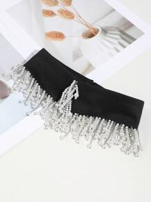 1pc Women's Fashionable Faux Pearl Tassel Collar Shirt, Suitable For Party Wear - Black - View 7