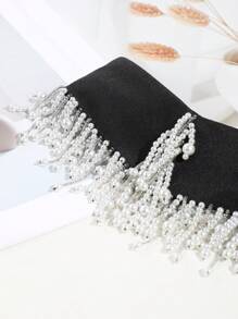 1pc Women's Fashionable Faux Pearl Tassel Collar Shirt, Suitable For Party Wear - Black - View 9