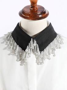 1pc Women's Fashionable Faux Pearl Tassel Collar Shirt, Suitable For Party Wear - Black - View 3